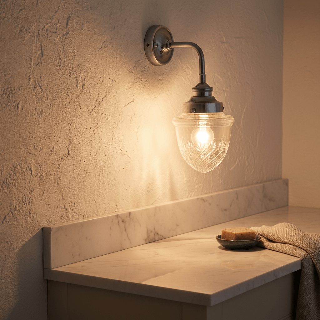 Antique silver wall lamp with cut glass design illuminating a marble countertop, featuring a plate with soap.