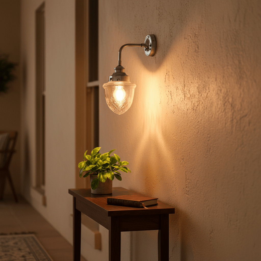 Antique silver wall lamp with cut glass design illuminating a cozy indoor space, complemented by a small plant and wooden