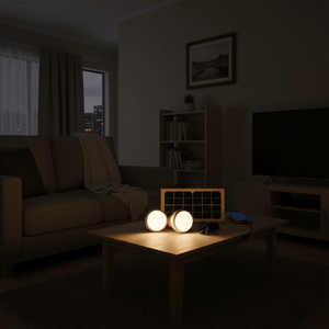 Two solar-powered lights on a table with a solar panel and a phone, illuminating a cozy living room.