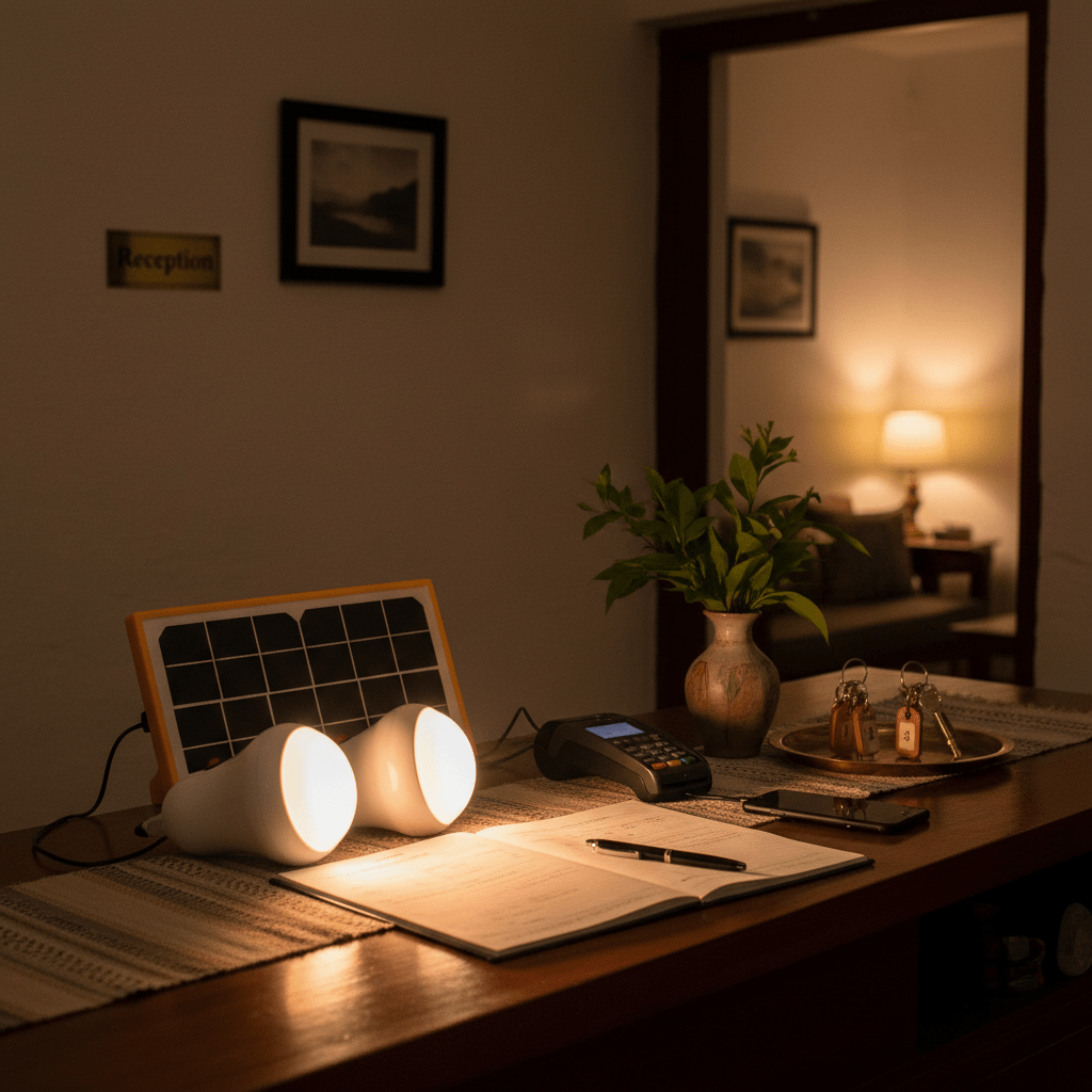 Portable solar lighting kit on a wooden table, featuring two lights and a solar panel, with a notebook and phone.