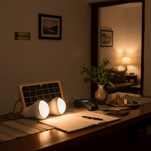 Portable solar lighting kit on a wooden table, featuring two lights and a solar panel, with a notebook and phone.