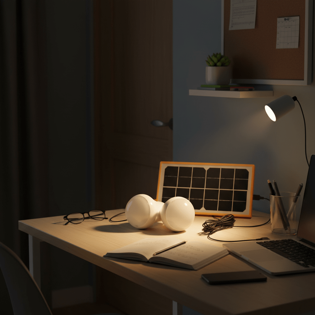 Portable solar lighting kit on a desk with solar panel, two lights, and a laptop, ideal for indoor use.