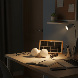 Portable solar lighting kit on a desk with solar panel, two lights, and a laptop, ideal for indoor use.