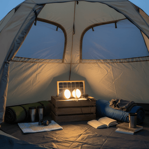 Portable solar lighting kit inside a tent, featuring two lights on a wooden crate with a solar panel.