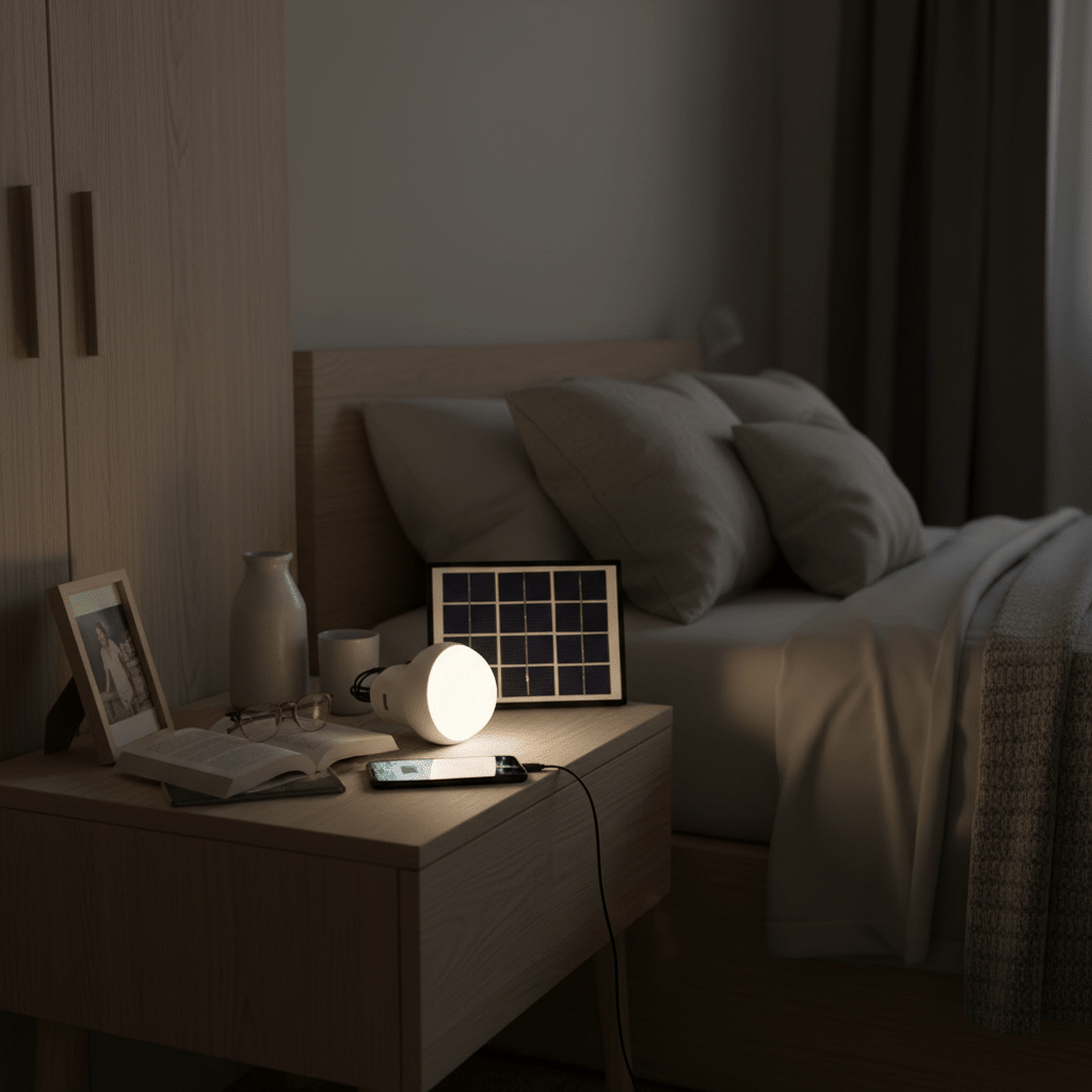 Portable solar light kit on a bedside table, illuminating a phone and book, with a solar panel nearby.