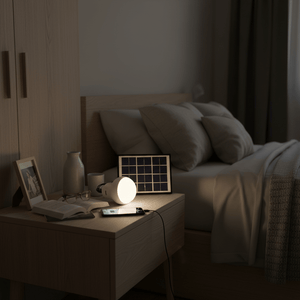 Portable solar light kit on a bedside table, illuminating a phone and book, with a solar panel nearby.