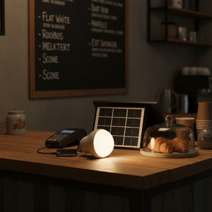 Portable solar light kit on a wooden table, illuminating a small area with a solar panel and charging device nearby.