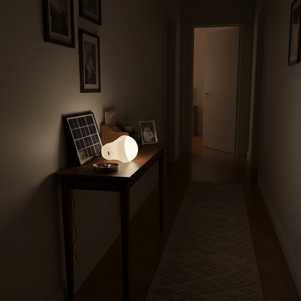 Portable solar light kit on a table in a dimly lit hallway, with a solar panel and framed photos.