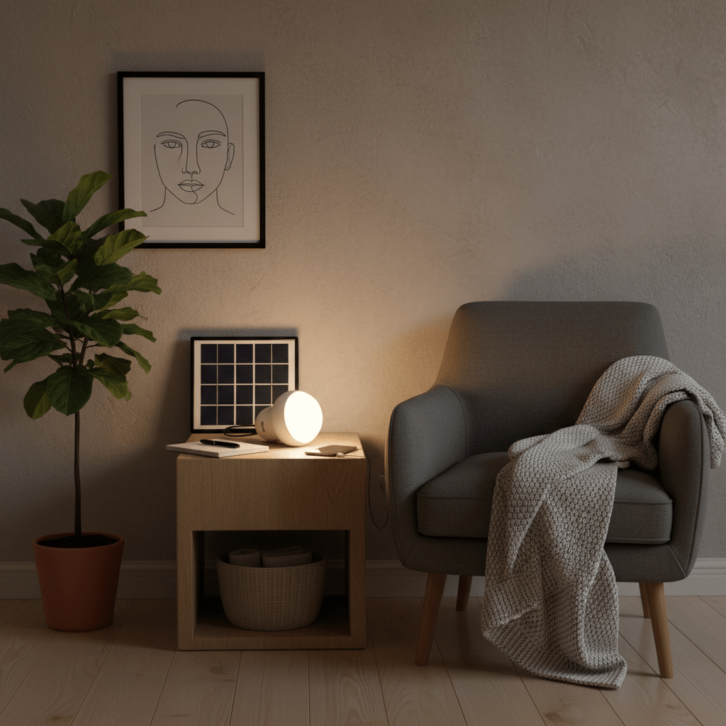 A cozy indoor scene featuring a portable solar light kit on a side table, next to a chair and a plant.