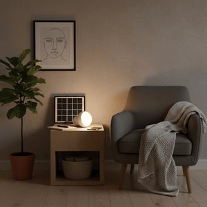 A cozy indoor scene featuring a portable solar light kit on a side table, next to a chair and a plant.