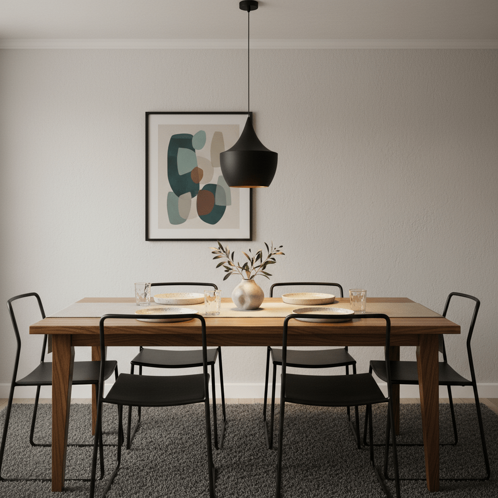 Miso Nordic Pendant Light hanging above a wooden dining table set with plates and glasses, featuring a modern decor.