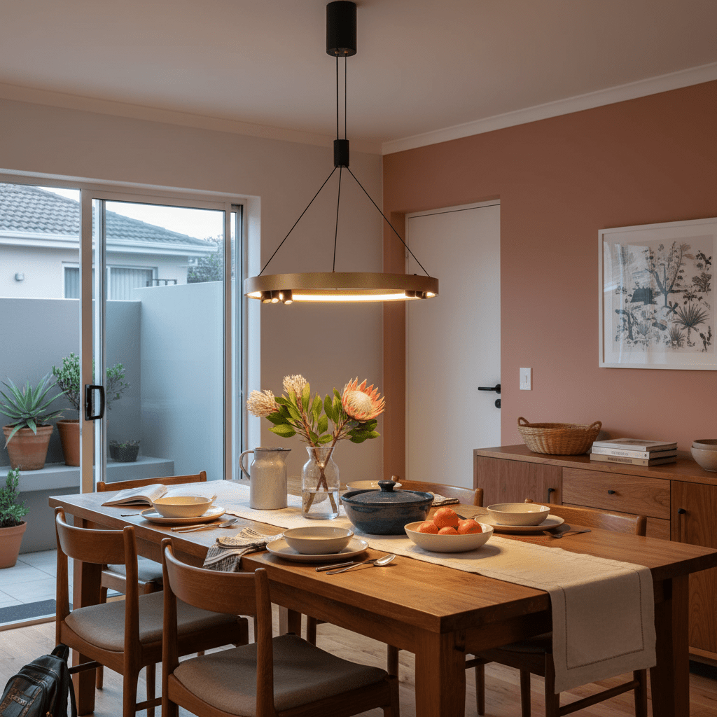 Black & Gold Monaco Round LED Pendant light above a dining table set with plates and flowers.