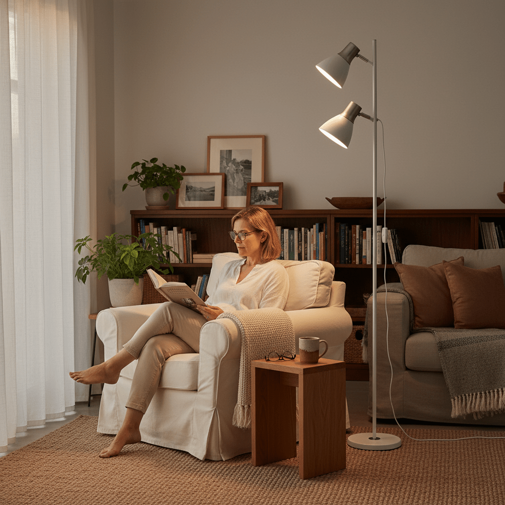White two‑head floor lamp with adjustable arms, shown lit in a cozy living room
