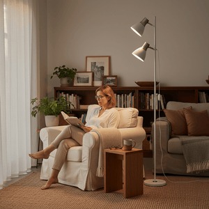 White two‑head floor lamp with adjustable arms, shown lit in a cozy living room