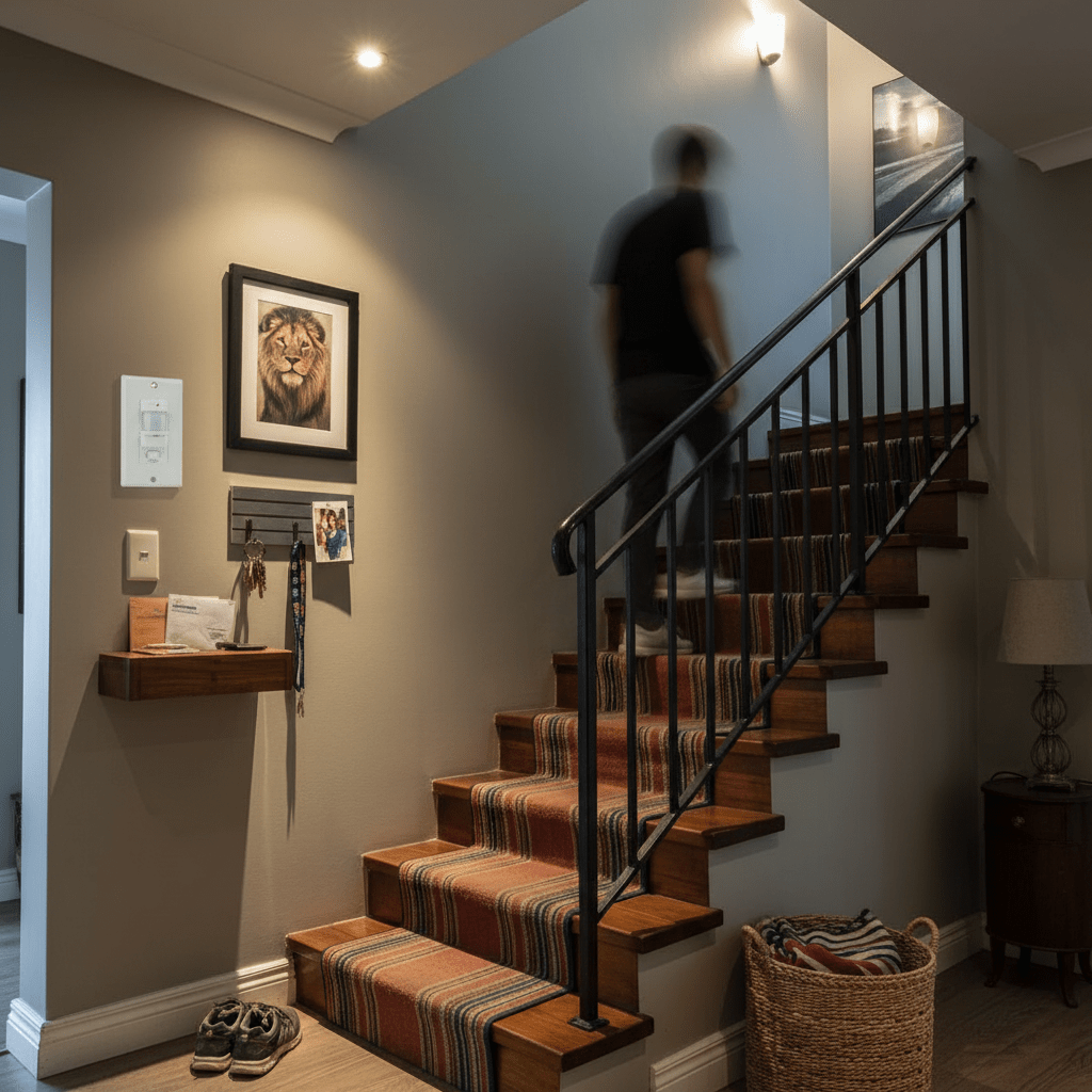 Staircase with a person ascending, wall art, and a basket in a home setting.