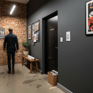 Man standing in a modern hallway with a brick wall and dark gray walls.