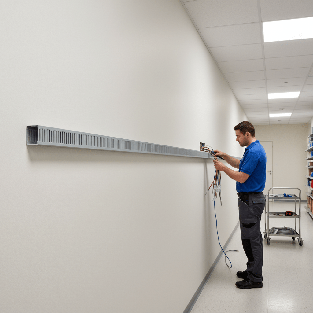 A technician installs grey slotted trunking on a wall, organizing cables neatly along a clean surface.