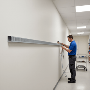 A technician installs grey slotted trunking on a wall, organizing cables neatly along a clean surface.