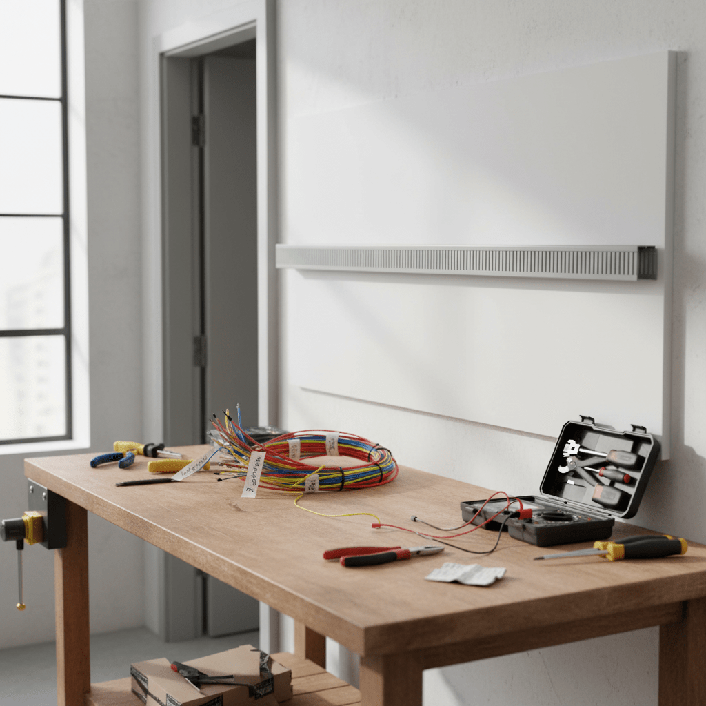 Grey slotted trunking mounted on a wall above a wooden workbench with tools and organized wires.