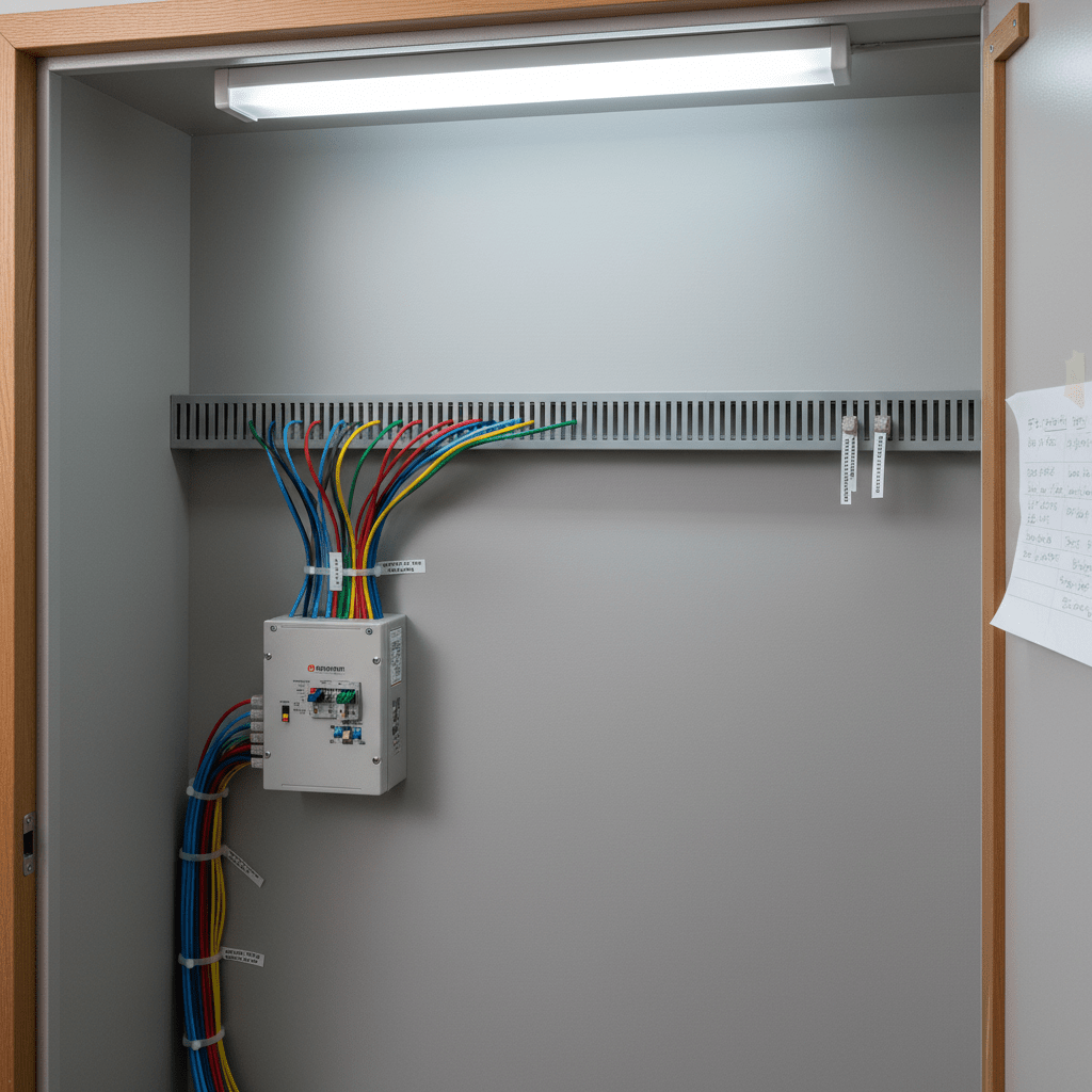 Grey slotted trunking mounted on a wall with organized wiring in a service cupboard.