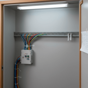 Grey slotted trunking mounted on a wall with organized wiring in a service cupboard.
