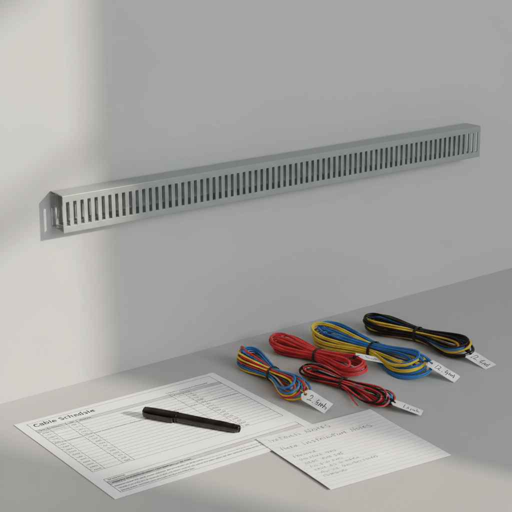 Grey slotted trunking mounted on a wall with organized cables and a cable schedule on a table.