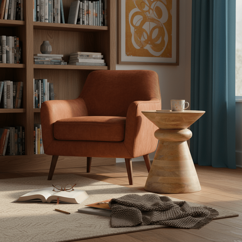 Light mango wood hourglass-shaped side table beside an armchair in a reading room
