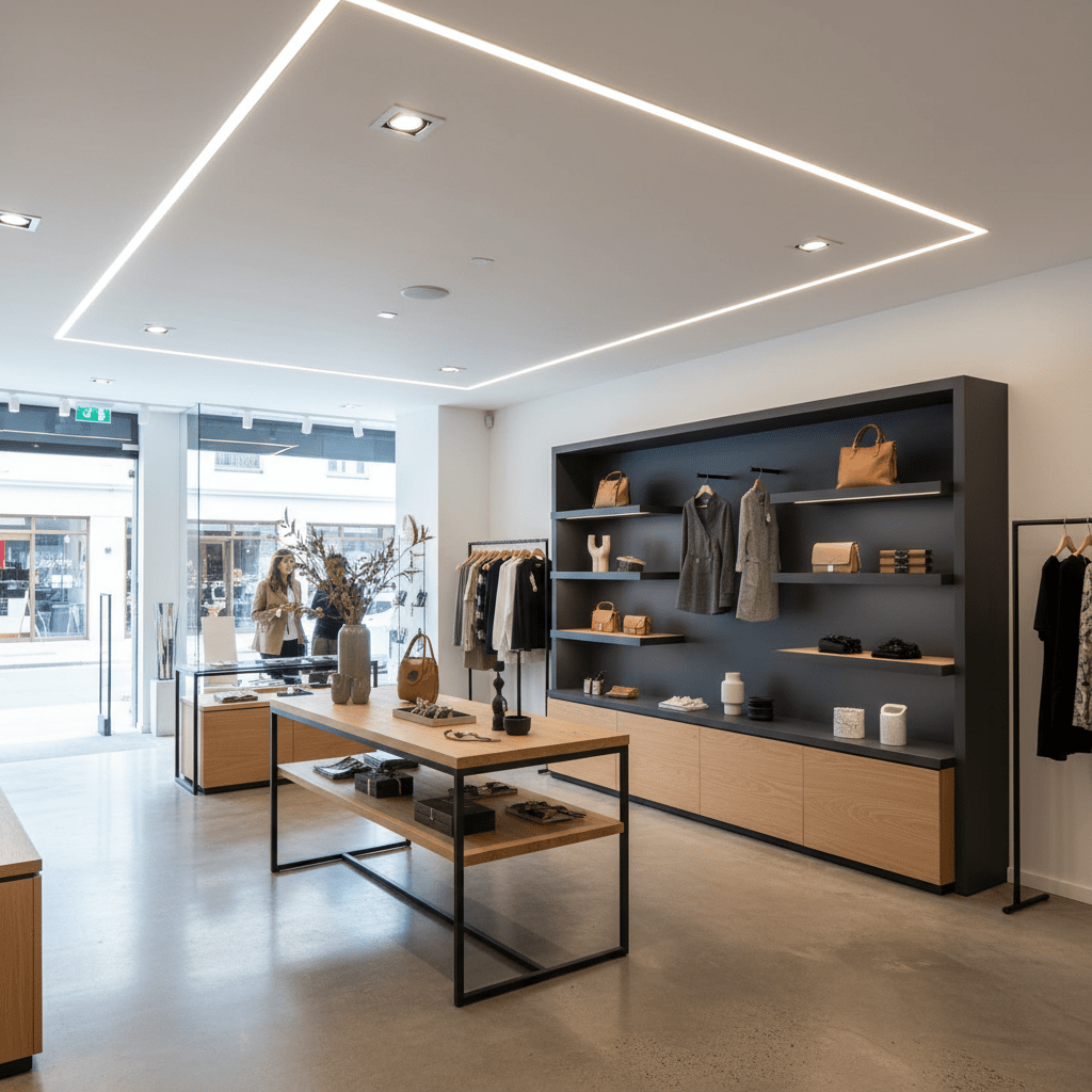 A stylish retail space featuring a wooden display table and shelves illuminated by a cool white LED neon flex strip.