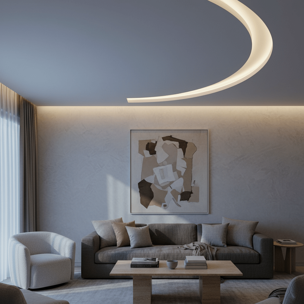Stylish living room featuring a curved LED neon flex strip along the ceiling, illuminating the space with cool white light.