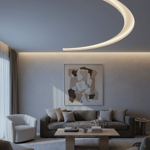 Stylish living room featuring a curved LED neon flex strip along the ceiling, illuminating the space with cool white light.