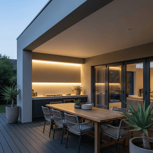 Outdoor dining area featuring a wooden table and chairs, illuminated by a cool white LED neon flex strip along the wall.