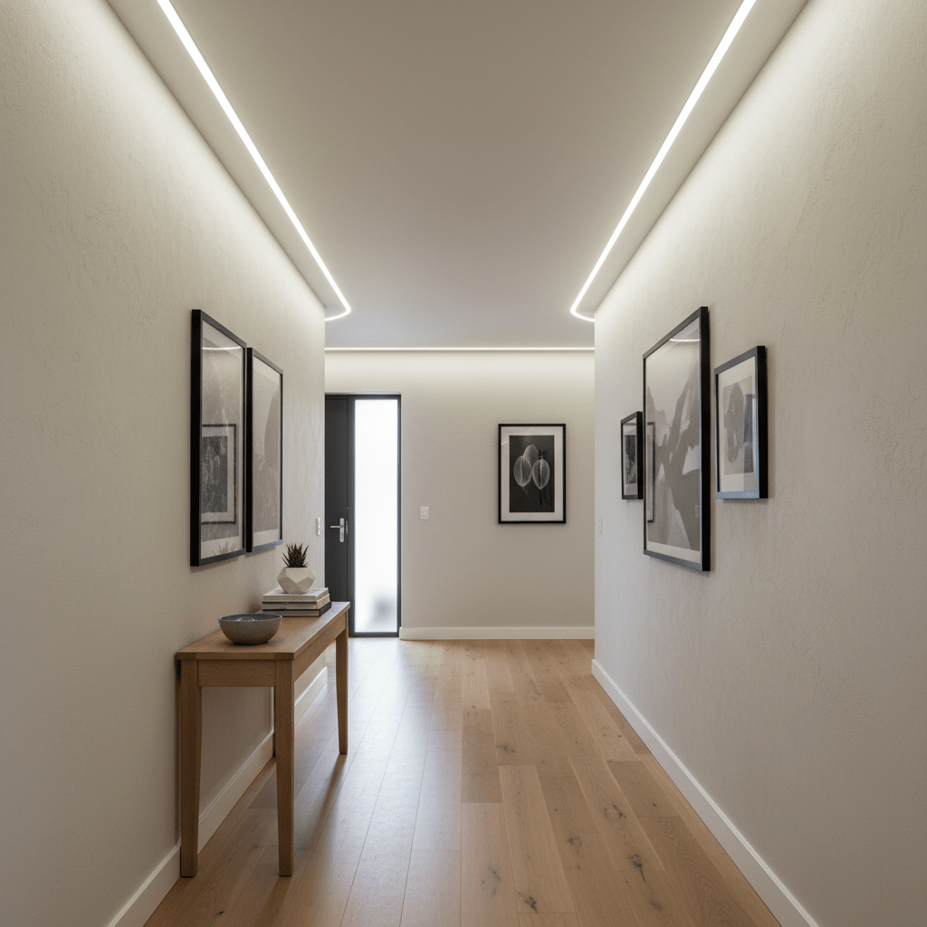 A hallway featuring a sleek LED neon flex strip providing cool white accent lighting along the ceiling, enhancing the