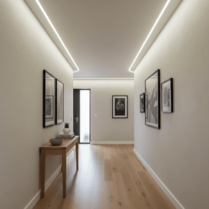 A hallway featuring a sleek LED neon flex strip providing cool white accent lighting along the ceiling, enhancing the
