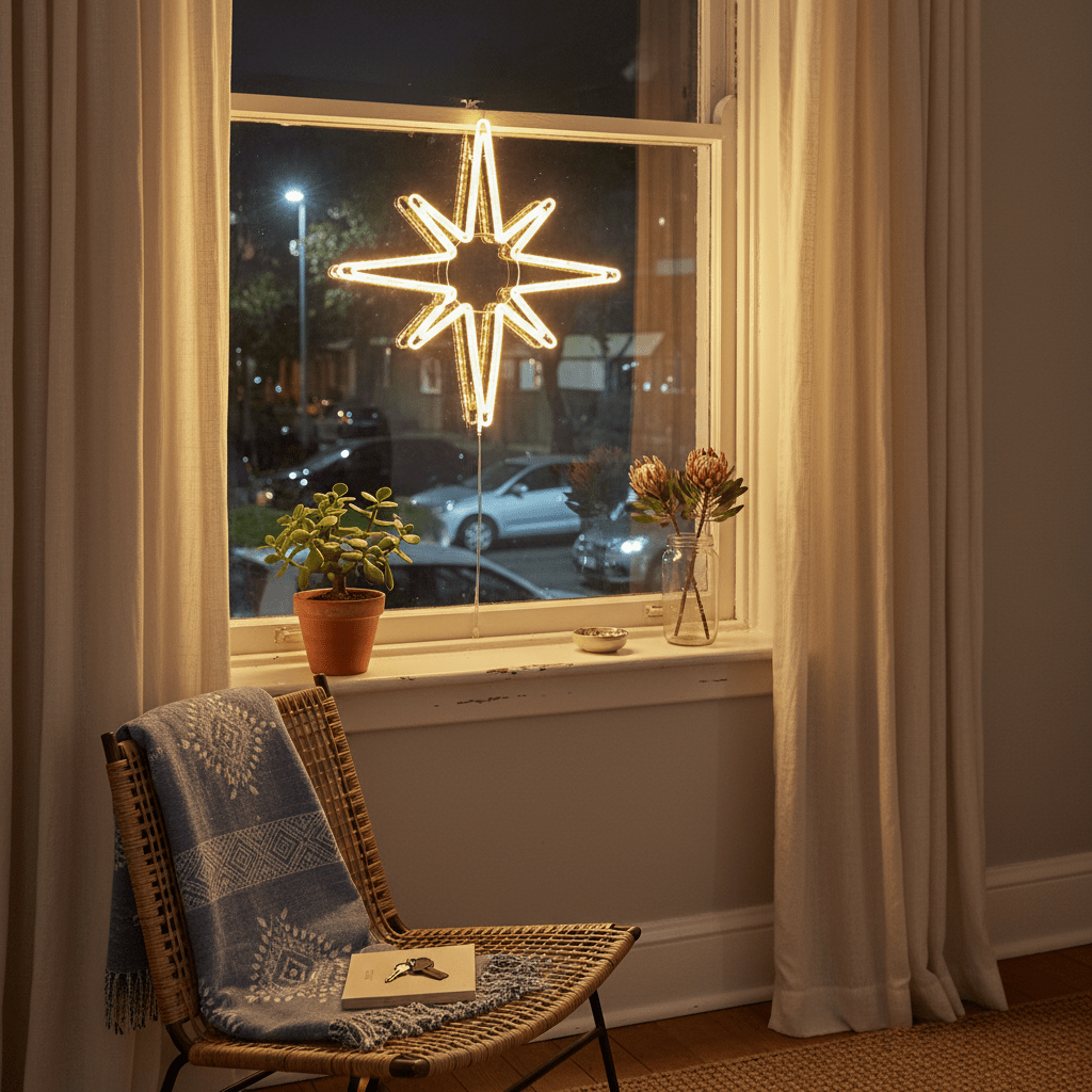LED shining star motif illuminated in a window, surrounded by a cozy indoor setting with a chair and plants.