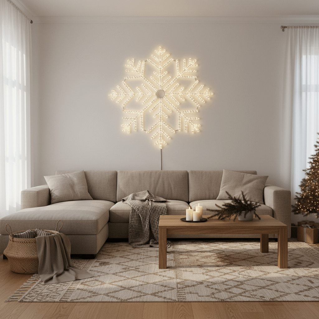 Large illuminated snowflake motif on a wall above a cozy sofa in a festive living room setting.