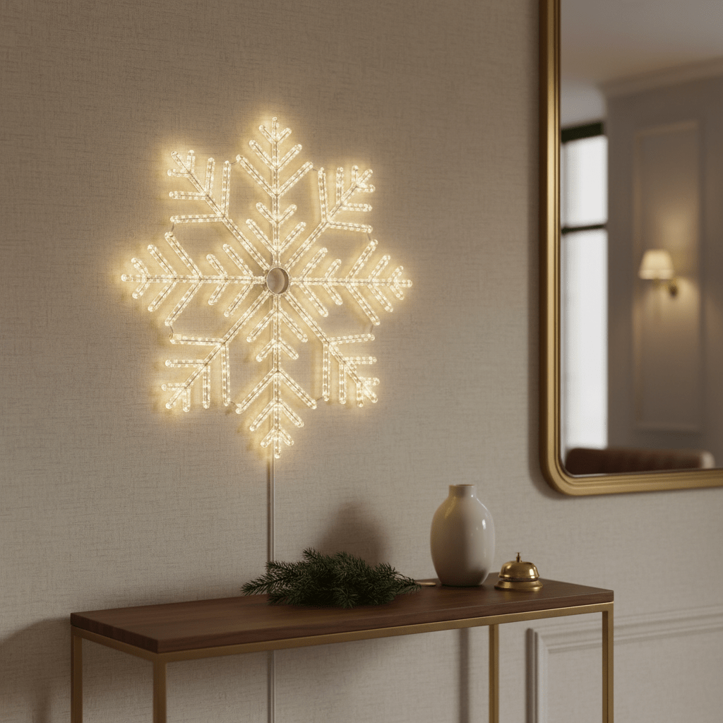 Large illuminated snowflake motif light displayed on a console table against a textured wall.