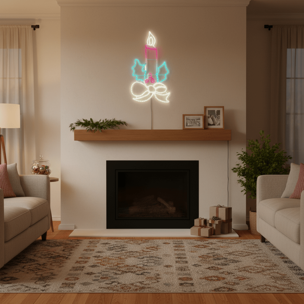 Candle motif LED lights displayed above a mantel in a cozy living room setting.