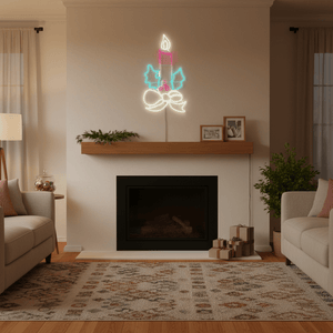 Candle motif LED lights displayed above a mantel in a cozy living room setting.