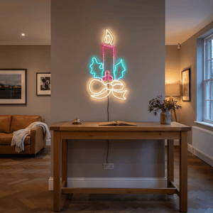 LED Christmas lights in candle motif, glowing on a wall above a wooden table in a cozy living room.