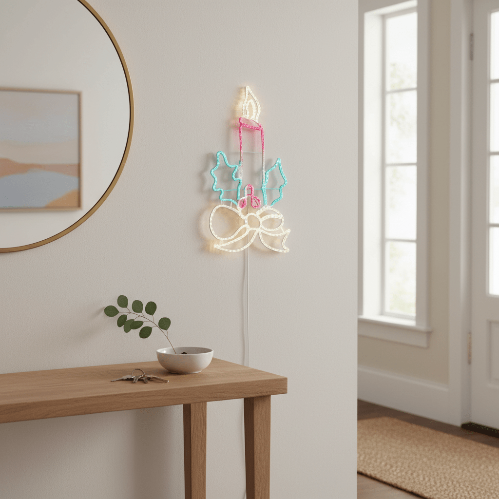 Colorful LED candle motif lights mounted on a wall above a wooden console table with a small plant.