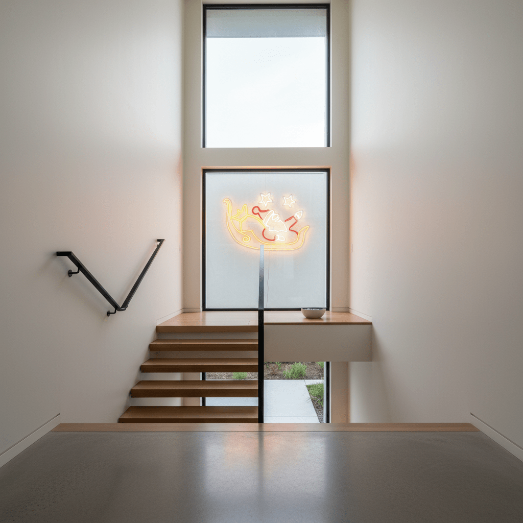 Santa sled motif lights glowing in a modern stairwell window, creating a festive atmosphere.