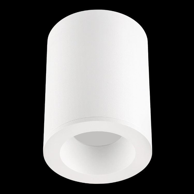 White cylindrical surface‑mount downlight holder with recessed GU10 socket against a plain black background