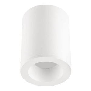 White cylindrical surface‑mount downlight holder, IP65 rated, for bathroom and kitchen use