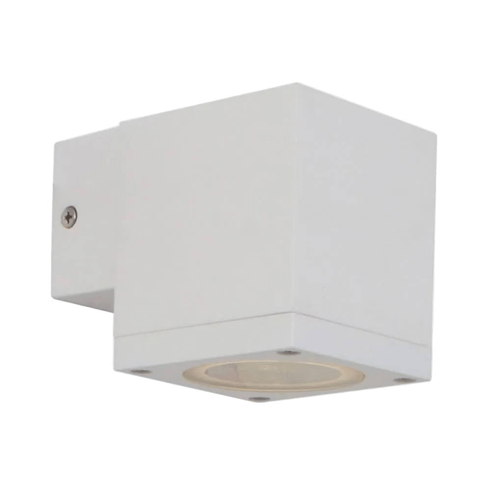 White square outdoor wall light with mounting bracket and visible screw, front lens shown against green background