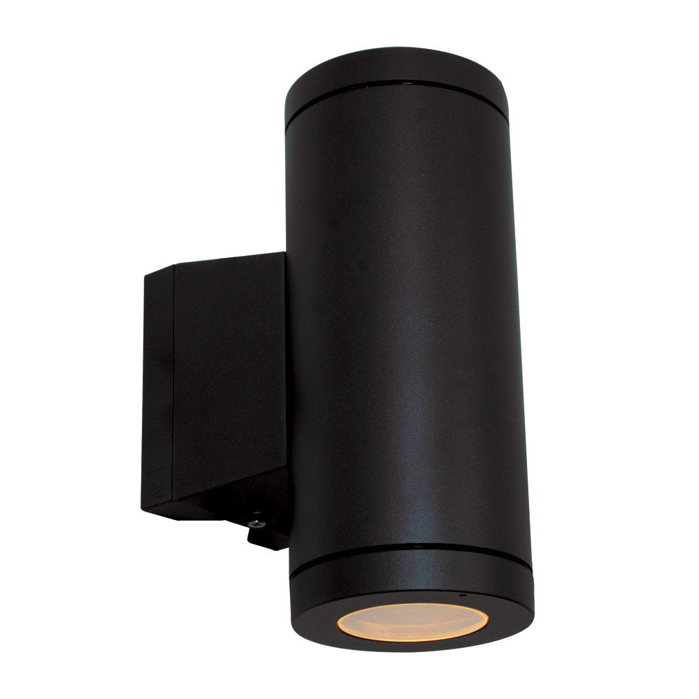 Black cylindrical outdoor wall light on a white background