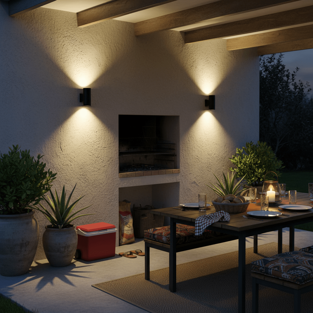 Outdoor wall sconces installed along pathways and entrances