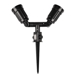 Black dual‑head garden spike light with adjustable heads and ground stake