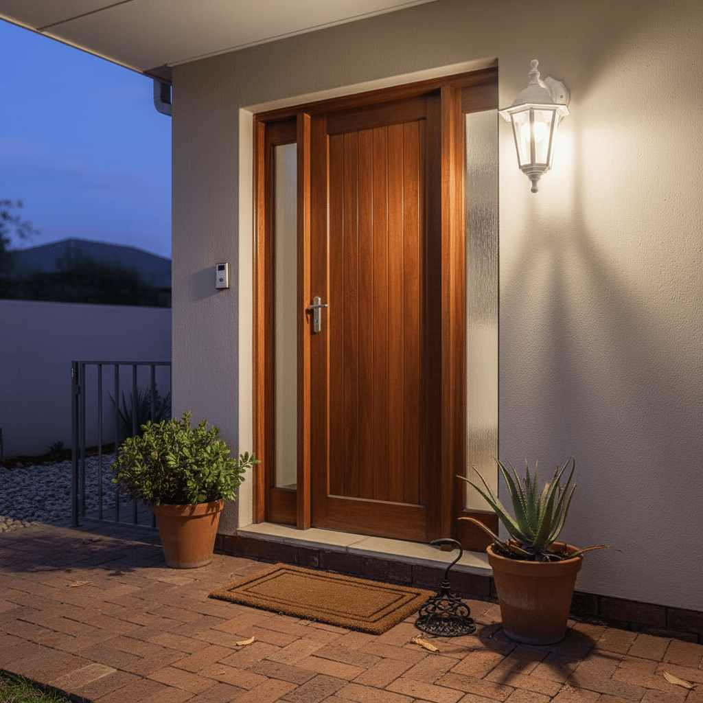 Wooden front door of a house with potted plants and a light fixture on a brick pathway.