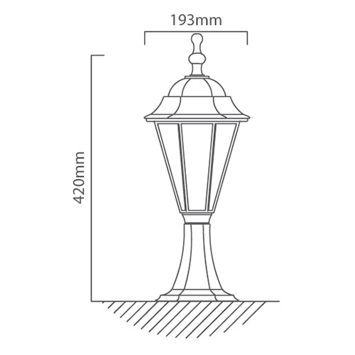 White six-panel pedestal lantern on a masonry entrance pillar in a suburban setting.