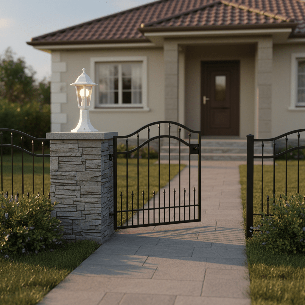 White six-panel pedestal lantern illuminating a pathway at a home's entrance, surrounded by greenery.